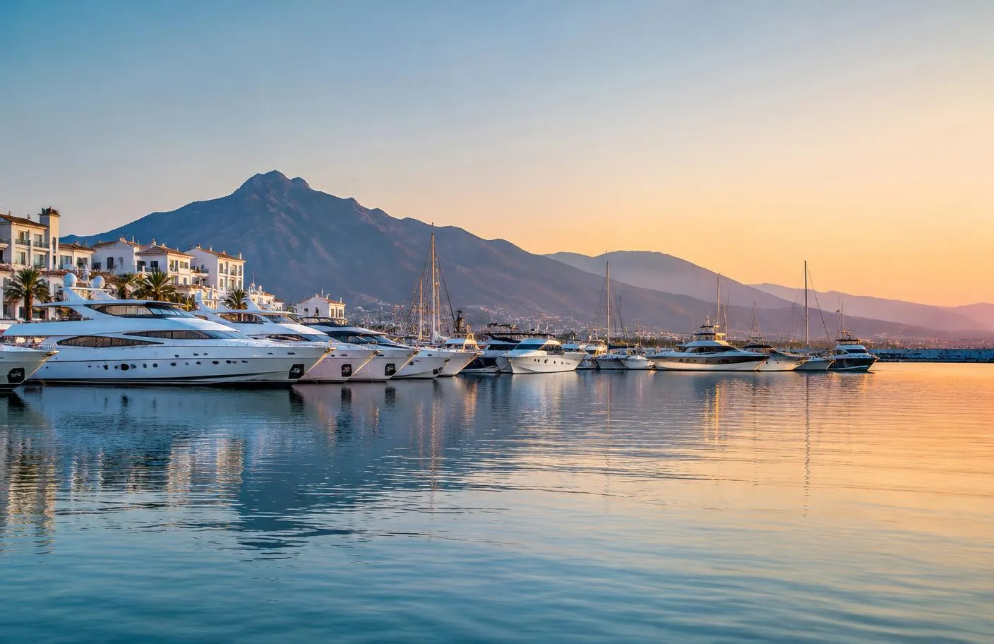 Yachts moored in a calm marina on the Costa del Sol with mountains at sunset
